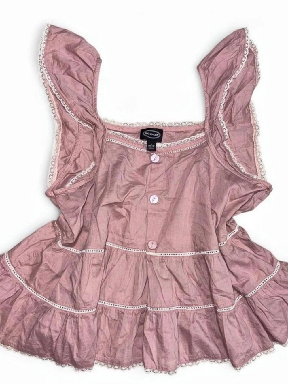 Pink Ruffle Blouse with White Lace Trim – Size Large | Fairycore Cottagecore Y2K